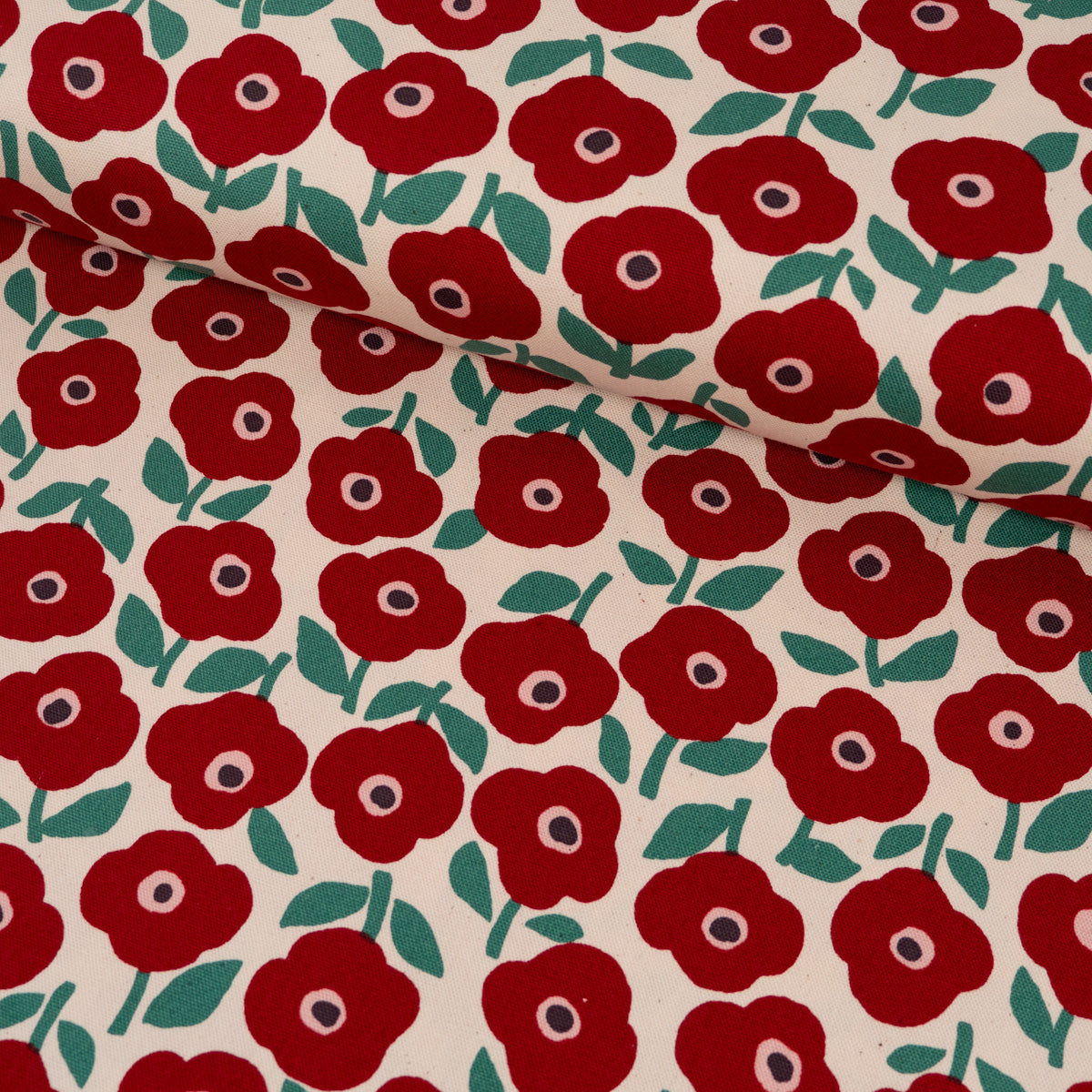 kokka-poppies-tissu-canvas-cru-rouge-et-vert-fleurs image 2