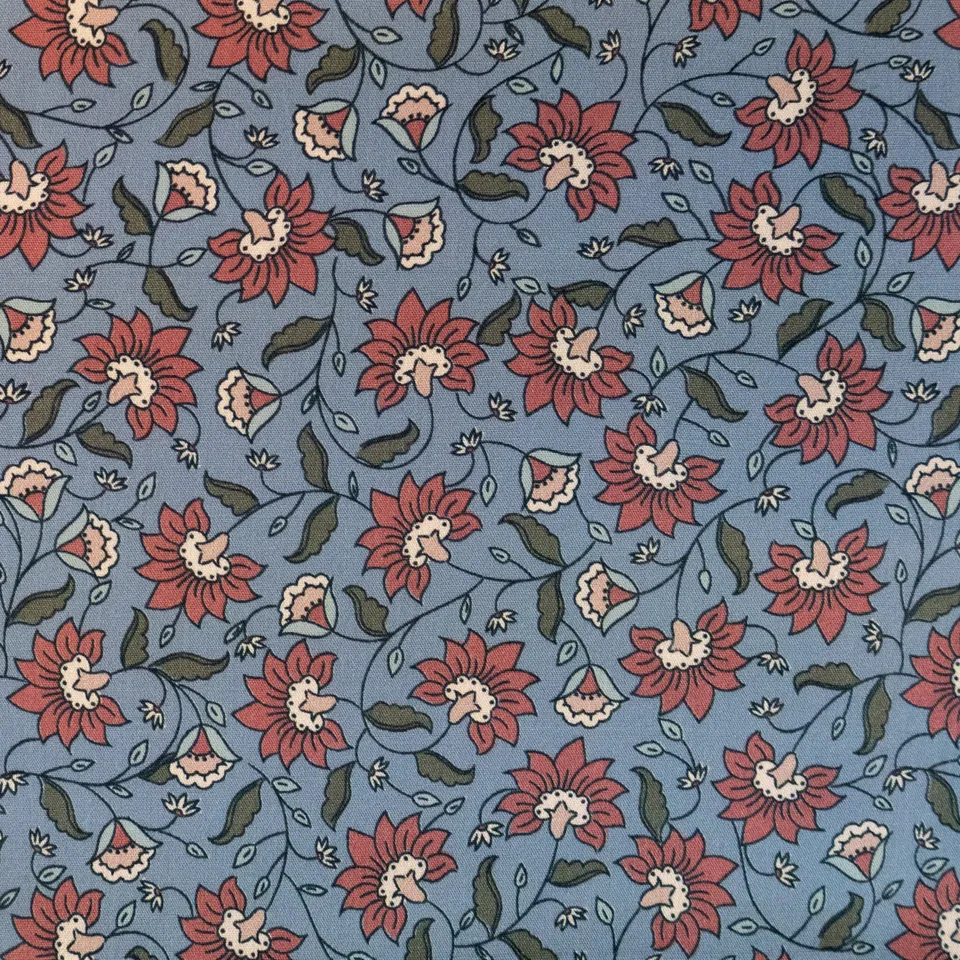 ikat-e-delhi-popeline-coton-bleu-jean-fleuri image 1