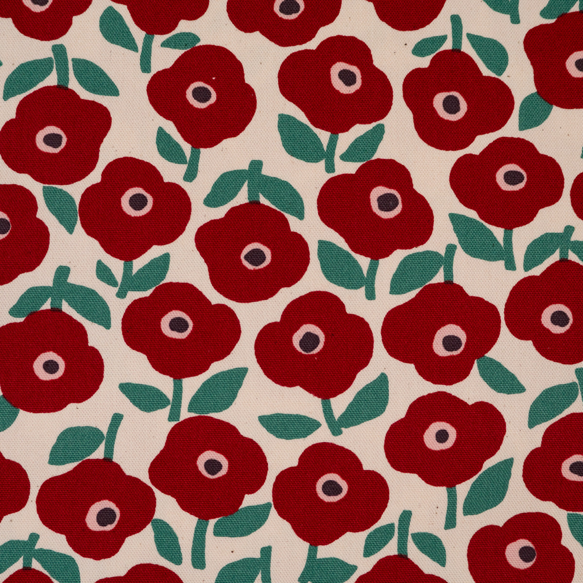 kokka-poppies-tissu-canvas-cru-rouge-et-vert-fleurs image 1