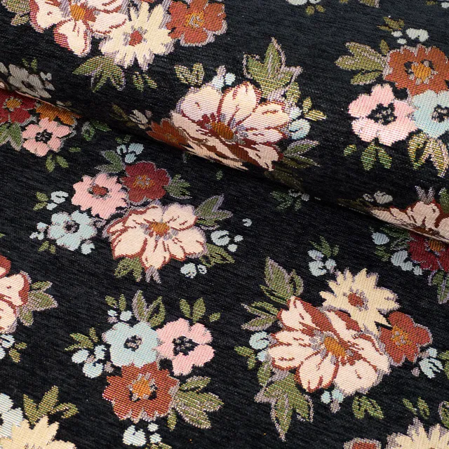 ikat-e-flower-dream-tissu-jacquard-noir-motif-floral image 1