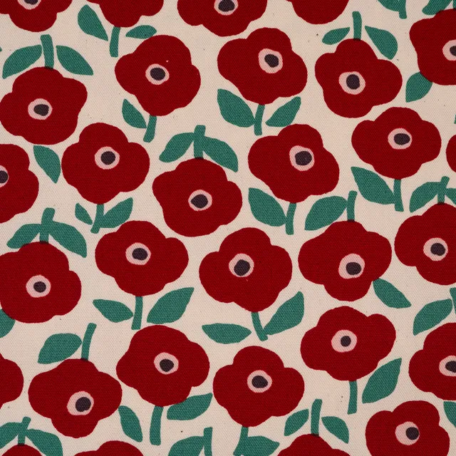 kokka-poppies-tissu-canvas-cru-rouge-et-vert-fleurs image 1