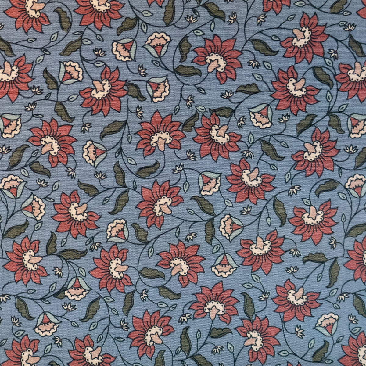 ikat-e-delhi-popeline-coton-bleu-jean-fleuri image 1
