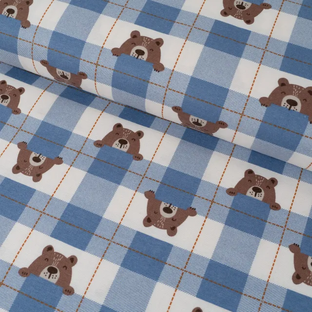 ikat-e-tissu-flanelle-bleu-ours-carreaux-doux-enfant image 1